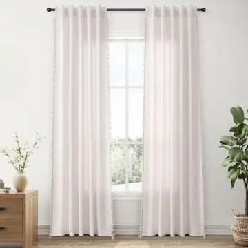 Natural Boho Linen Curtains 84 Inches Long 2 Panels Cream Beige Semi Sheer Curtains Tassel Rod Pocket Back Tab Top Light Filtering Neutral Farmhouse Curtain for Living Room Bedroom 38x84