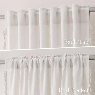 Natural Boho Linen Curtains 84 Inches Long 2 Panels Cream Beige Semi Sheer Curtains Tassel Rod Pocket Back Tab Top Light Filtering Neutral Farmhouse Curtain for Living Room Bedroom 38x84