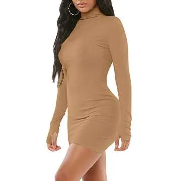 Mizoci Women's Sexy Bodycon Mini Club Dresses Basic Long Sleeve Turtleneck Dress,Medium,Khaki