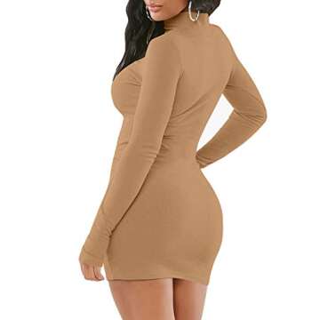 Mizoci Women's Sexy Bodycon Mini Club Dresses Basic Long Sleeve Turtleneck Dress,Medium,Khaki