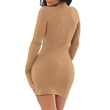 Mizoci Women's Sexy Bodycon Mini Club Dresses Basic Long Sleeve Turtleneck Dress,Medium,Khaki