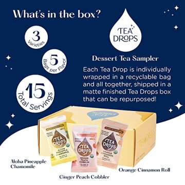 Tea Drops Organic Dessert Tea Sampler | Caffeine/Decaf Three Flavors Mix of Brand's Choice; Aloha Pineapple, Ginger Peach Cobbler, Orange Cinnamon Roll or Strawberry Shortcake | 15 Drops per Box