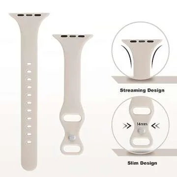 STG Sport Band Compatible with Apple Watch 38mm 40mm 41mm 42mm 44mm 45mm, Soft Silicone Slim Thin Narrow Replacement Strap Compatible for iWatch SE Series 7/6/5/4/3/2/1 (Starlight, 38mm/40mm/41mm)