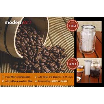 MODERNJOE'S Premium Infuser Cold Brew Coffee Maker for 2 Quart Wide Mouth Mason Jars. Cold Brew Coffee Filter. Iced Coffee and Tea. Heavy Duty Gauge 100 Micron Mesh 304 Stainless Steel
