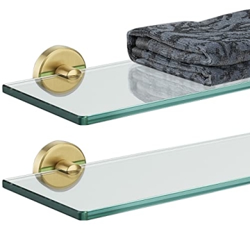 JQK Bathroom Glass Shelf Gold, Tempered Glass Shower Storage 20 by 5 inches, 304 Stainless Steel Bru...