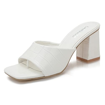 CAMSSOO White Heels for Women Square Open Toe Heels Sandals Chunky Block Heel Flip Flop Heeled Slip ...