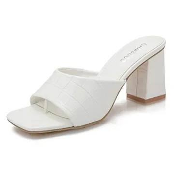CAMSSOO White Heels for Women Square Open Toe Heels Sandals Chunky Block Heel Flip Flop Heeled Slip ...