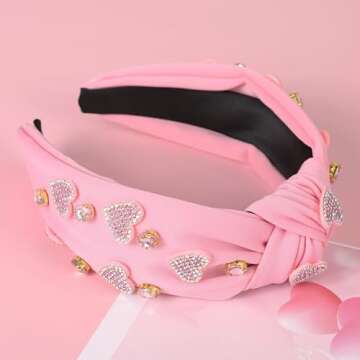 Gmmidea Valentine’s Day Heart Headband Rhinestone Beaded Galentines Headband for Women Girls Crystal Heart Knotted Headband Cute Holiday Valentines Day Costume Hairband Party Decor