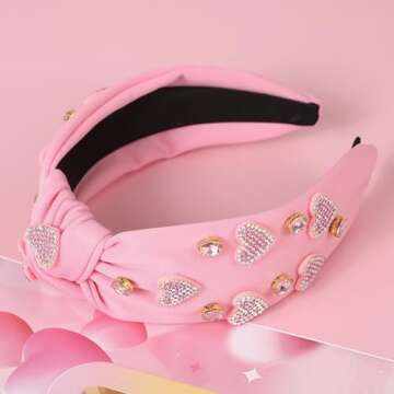 Gmmidea Valentine’s Day Heart Headband Rhinestone Beaded Galentines Headband for Women Girls Crystal Heart Knotted Headband Cute Holiday Valentines Day Costume Hairband Party Decor