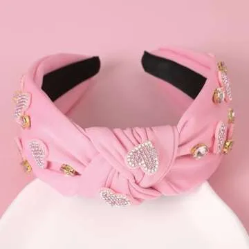 Gmmidea Valentine’s Day Heart Headband Rhinestone Beaded Galentines Headband for Women Girls Crystal Heart Knotted Headband Cute Holiday Valentines Day Costume Hairband Party Decor