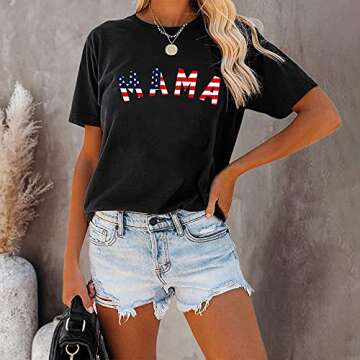 4th of July Shirts for Women American Flag Mama Patriotic T-Shirts Star Stripes USA Tee Tops Indepen...