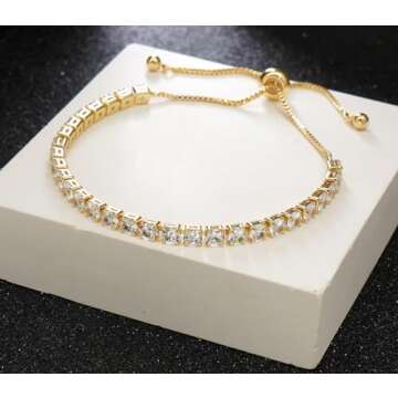 Wovanoo 2 Pieces Tennis Bracelets for Women Cubic Zirconia Bracelet Rhinestone Adjustable Slider Bracelets Square Colorful Gold