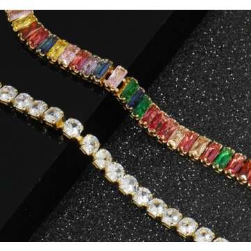 Wovanoo 2 Pieces Tennis Bracelets for Women Cubic Zirconia Bracelet Rhinestone Adjustable Slider Bracelets Square Colorful Gold
