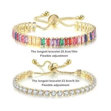 Wovanoo 2 Pieces Tennis Bracelets for Women Cubic Zirconia Bracelet Rhinestone Adjustable Slider Bracelets Square Colorful Gold