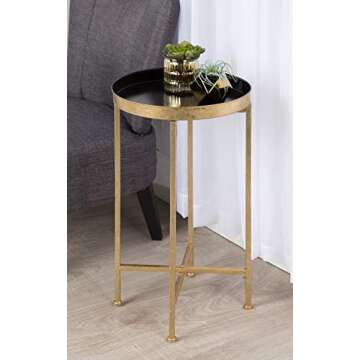 Kate and Laurel Celia Round Metal Foldable Tray Accent Table, Black with Gold Base