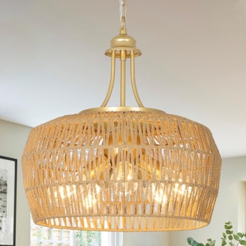 Gold Rattan Chandelier: 5-Light Boho Dining Room Fixture