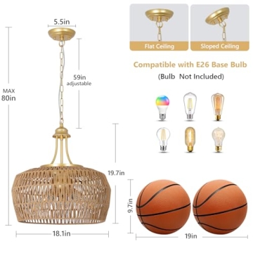Gold Rattan Chandelier: 5-Light Boho Dining Room Fixture