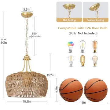 Gold Rattan Chandelier: 5-Light Boho Dining Room Fixture