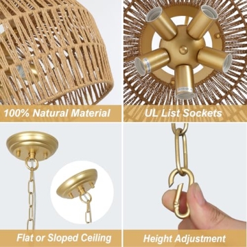 Gold Rattan Chandelier: 5-Light Boho Dining Room Fixture