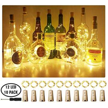Aluan Wine Bottle Lights with Cork, 12 LED 10 Pack Fairy / String Lights Waterproof Battery Operated for Jar Party Wedding Christmas Festival Bar Decoration, Warm White