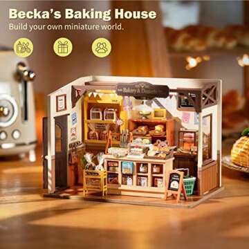 Rolife DIY Miniature Doll House Kit, Build Becka's Bakery Diorama House Building Set with LED Room H...