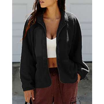 PRETTYGARDEN Women 2024 Fall Winter Fleece Jacket Long Sleeve Casual Button Fuzzy Sherpa Cropped Coats Outerwear with Pockets(Black,Small)