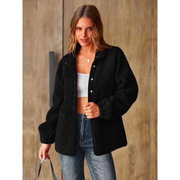 PRETTYGARDEN Women 2024 Fall Winter Fleece Jacket Long Sleeve Casual Button Fuzzy Sherpa Cropped Coats Outerwear with Pockets(Black,Small)