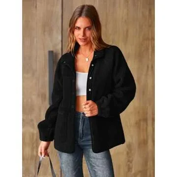 PRETTYGARDEN Women 2024 Fall Winter Fleece Jacket Long Sleeve Casual Button Fuzzy Sherpa Cropped Coats Outerwear with Pockets(Black,Small)