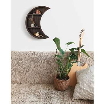Dahey Moon Shelf Wall Mounted Moon Wall Decor Crystal Display Shelf Crescent Wooden Floating Shelves Hanging Storage for Living Room Bedroom Bathroom Kitchen Witchy Room Decor, 12" L×3" D×16" H