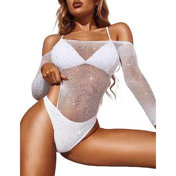 RSLOVE Women Lingerie Fishnet Bodysuit Sparkle Rhinestone Sexy Mesh Teddy Lingerie (Onesize, White)