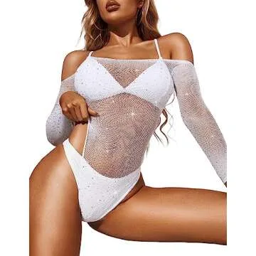 RSLOVE Women Lingerie Fishnet Bodysuit Sparkle Rhinestone Sexy Mesh Teddy Lingerie (Onesize, White)
