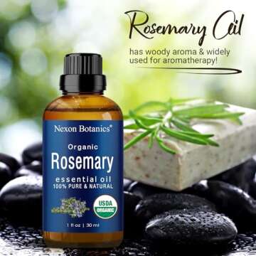 Organic Rosemary Essential Oil, 30 ml, Undiluted, USDA Certified Pure, Natural Therapeutic Grade, for Aromatherapy, Skin, Hair Care, Massage, Mood Uplift - Nexon Botanics