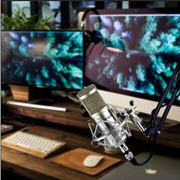 Mugig Condenser Microphone, Professional Studio Condenser Mic with Microphone Stand/3.5mm XLR Cable/Shock Mount/Pop Filter for Professional Studio Recording, Broadcasting, Recording, Singing, Games