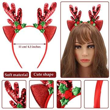 Bememo 2 Pieces Christmas Reindeer Antler Headbands Deer Headband for Women Christmas Costume Party Favors(Glitter Style)