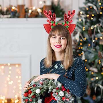 Bememo 2 Pieces Christmas Reindeer Antler Headbands Deer Headband for Women Christmas Costume Party Favors(Glitter Style)