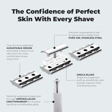 Rockwell Razors 6S Double-Edge Safety Razor in Matte Silver with 6 Adjustable Shave Settings and 5 F...