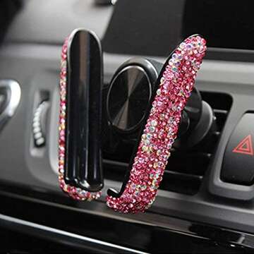 SUNCARACCL Bling Car Phone Holder - Mini Dash Air Vent Automatic Phone Mount - Universal 360Adjustable Crystal Auto Car Stand - Pink