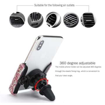 SUNCARACCL Bling Car Phone Holder - Mini Dash Air Vent Automatic Phone Mount - Universal 360Adjustable Crystal Auto Car Stand - Pink