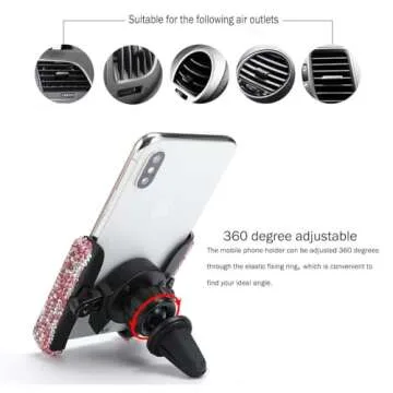 SUNCARACCL Bling Car Phone Holder - Mini Dash Air Vent Automatic Phone Mount - Universal 360Adjustable Crystal Auto Car Stand - Pink