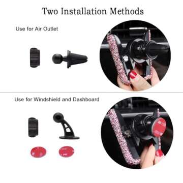 SUNCARACCL Bling Car Phone Holder - Mini Dash Air Vent Automatic Phone Mount - Universal 360Adjustable Crystal Auto Car Stand - Pink