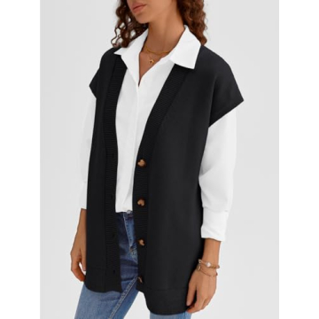 LILLUSORY Women V Neck Sweater Vest Trendy Oversized Sleeveless Long Cardigan Casual Button Knit Vest Dress Tops 2024 Fall Winter Fashion Office Work Outfits Cute Clothes Black M