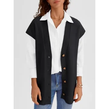 LILLUSORY Women V Neck Sweater Vest Trendy Oversized Sleeveless Long Cardigan Casual Button Knit Vest Dress Tops 2024 Fall Winter Fashion Office Work Outfits Cute Clothes Black M