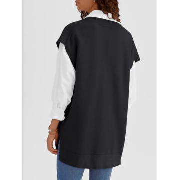 LILLUSORY Women V Neck Sweater Vest Trendy Oversized Sleeveless Long Cardigan Casual Button Knit Vest Dress Tops 2024 Fall Winter Fashion Office Work Outfits Cute Clothes Black M