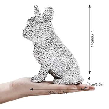 Frenchie Statue, French Bulldog Statue for Home / Living Room, Resin Sparkly Dog Statue Desktop Decorations, French Bull Dog Figurine Decor for Women Men, Adornos para Sala Modernos, Silver
