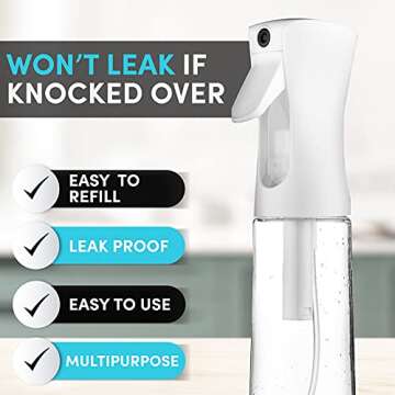 Hula Home 5 Second Continuous Spray Bottle (10.1oz/300ml) Empty Ultra Fine Plastic Water Mist Sprayer – For Hairstyling, Cleaning, Salons, Plants, Essential Oil Scents & More - White