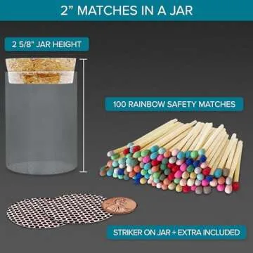 2" Rainbow Matches in a Jar + Striker Stickers Included | 100 Vibrantly Colorful Decorative Safety M...