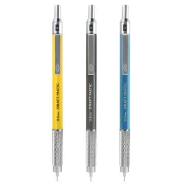 Alvin, Draft-Matic Mechanical Pencil, 3 Pack, Stainless Steel Drawing and Design Tools, Great for Drafting, Architecture, Engineering, and Art - Includes 0.3mm, 0.5mm, and 0.7mm