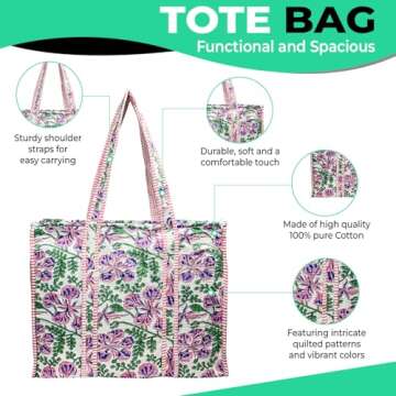 Eco-Friendly Quilted Cotton Tote Bag - Lightweight Handcrafted Shoulder Bag with Pockets for Gym, Tr...