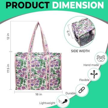 Eco-Friendly Quilted Cotton Tote Bag - Lightweight Handcrafted Shoulder Bag with Pockets for Gym, Travel, Work - Versatile Beach Bag (Pink)