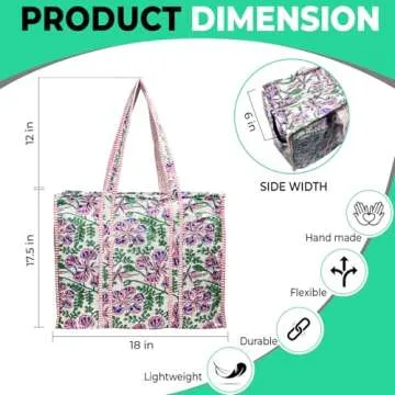 Eco-Friendly Quilted Cotton Tote Bag - Lightweight Handcrafted Shoulder Bag with Pockets for Gym, Travel, Work - Versatile Beach Bag (Pink)